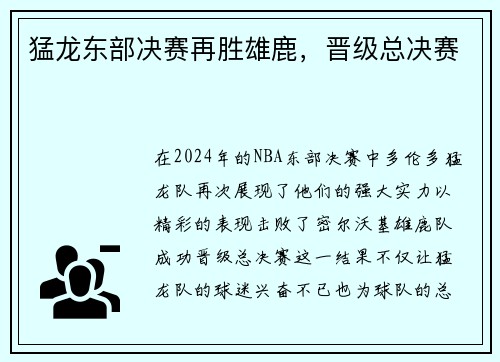 猛龙东部决赛再胜雄鹿，晋级总决赛