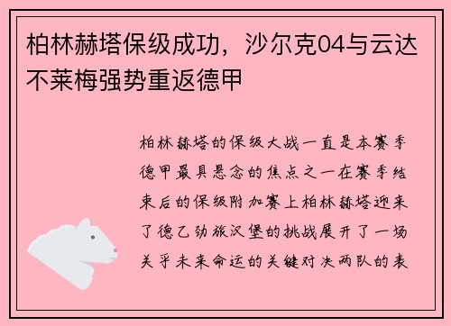 柏林赫塔保级成功，沙尔克04与云达不莱梅强势重返德甲