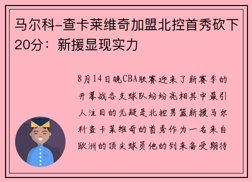 马尔科-查卡莱维奇加盟北控首秀砍下20分：新援显现实力